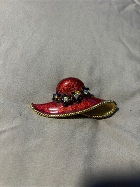 kate spade Red Enamel Hat Brooch with Gold Trim and Gem Flowers